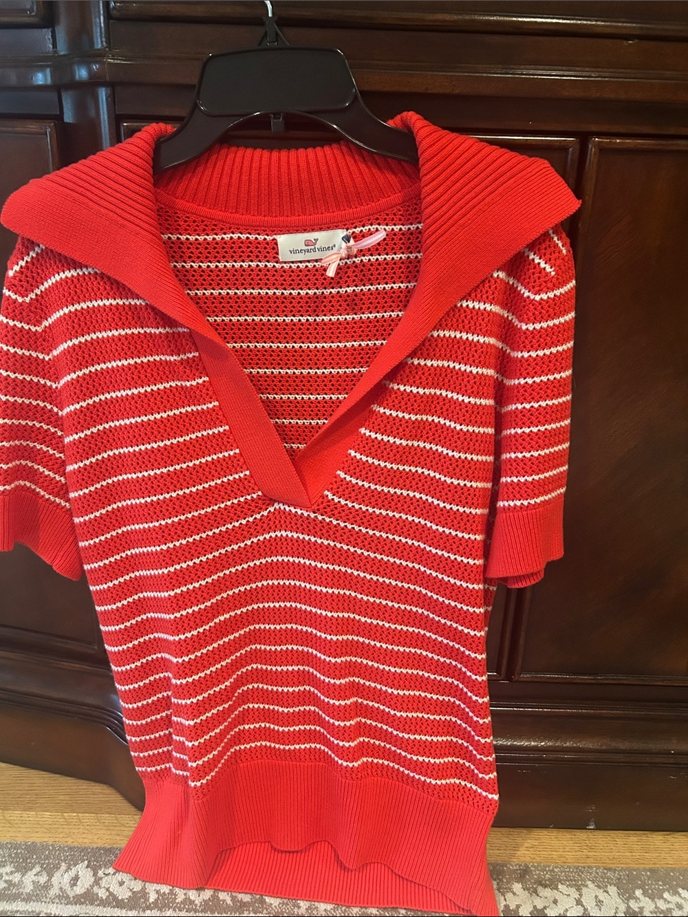 Vineyard Vines Red and White Striped V-Neck Short-Sleeve Sweater
